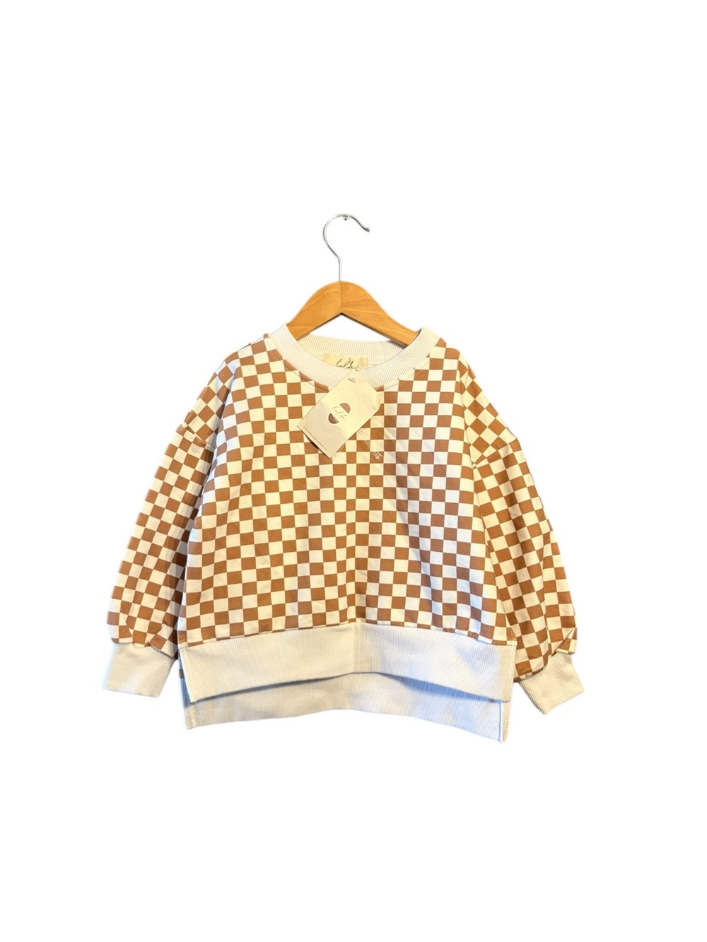 Kids Checkerboard Pullover Sweatshirt - Cream & Brown